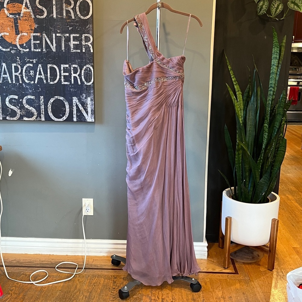 🥑Pronovias Beaded Full-Length One Shoulder Chiffon Dress | Evening Gown Wedding - Picture 7 of 12